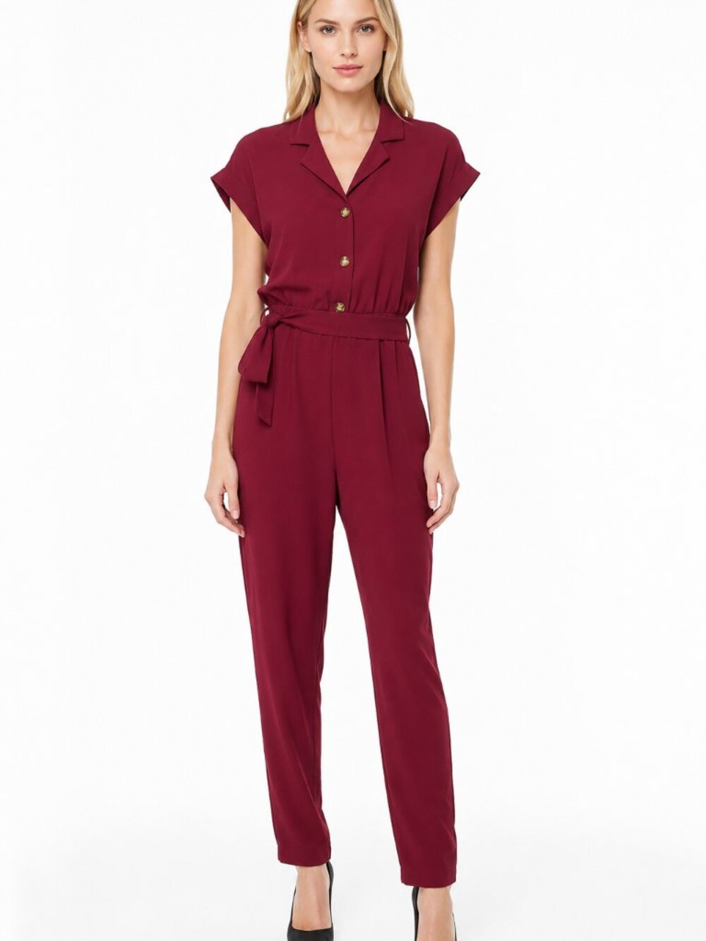 No Boundaries NWT Burgundy Button Front Tie Waist Jumpsuit Size XS